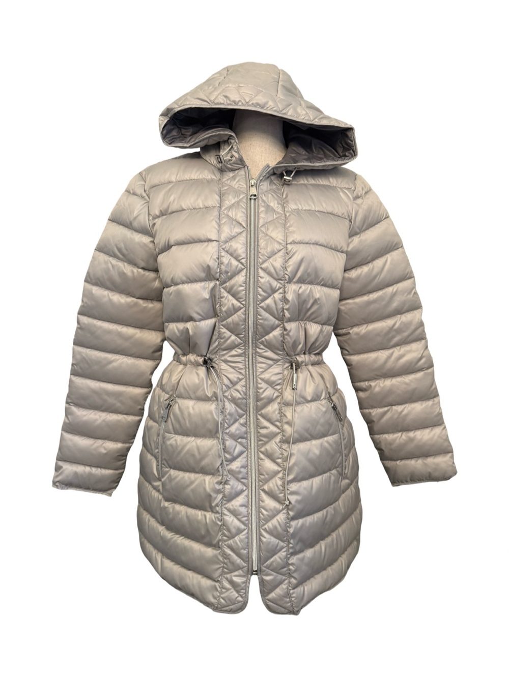 Kenneth Cole New York Silver Puffer Coat Hooded Long Quilted Jacket Small EUC